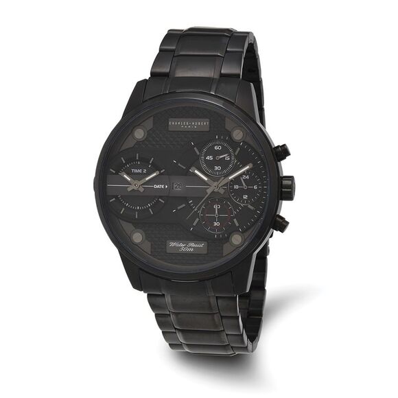Charles Hubert IP Black Stainless Chronograph Dual Time Watch